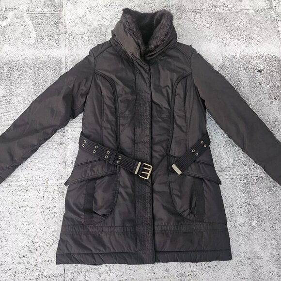 Next Women Jacket Winter Warm Long Coat Faux Fur Collared W Belt Size 12UK - Picture 4 of 12